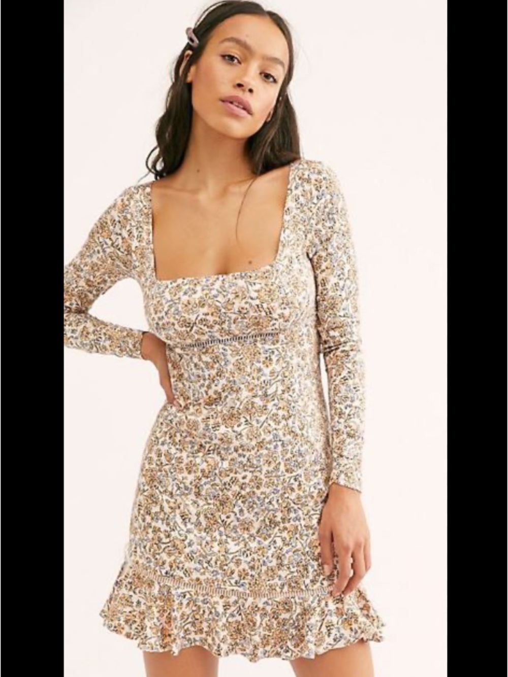 Free People Ivory and Tan Floral Square-Neck Mini Dress